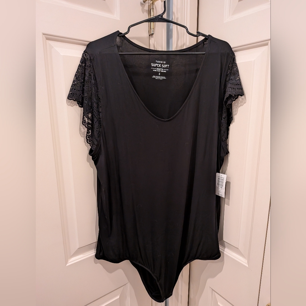 Torrid Black V-Neck Top with Lace Sleeves